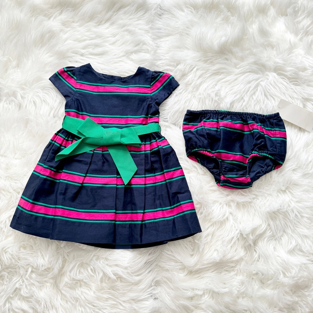 SOLD6M Ralph Lauren Baby Navy, Pink and Green Stripe Bow Waist Dress w/ Bloomers